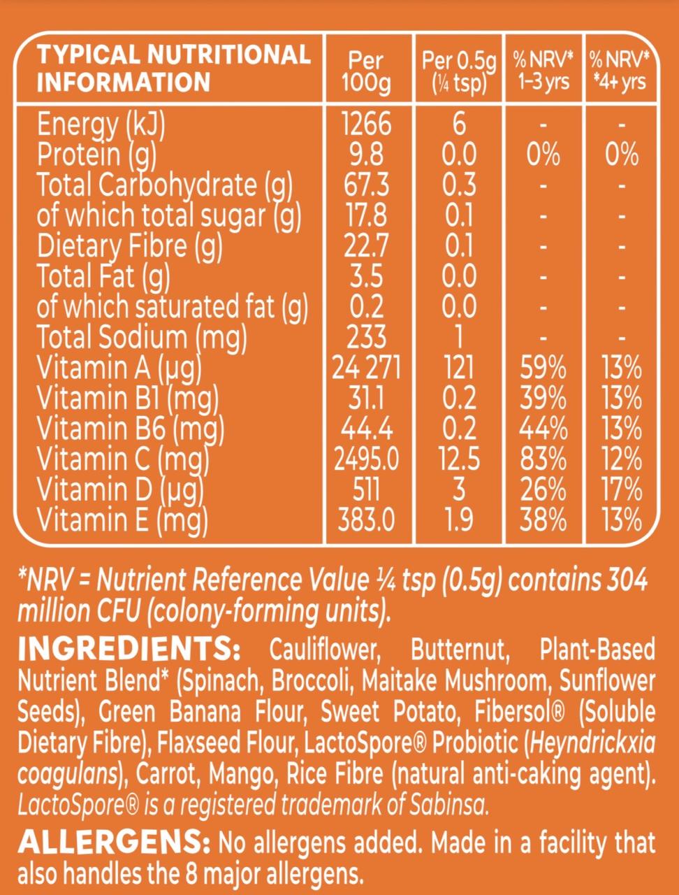 An orange and white nutritional information label showing per 100g values, daily percentages, and ingredients list for a plant-based snack blend for years 1-+ and 4+