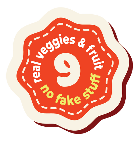 a sticker with text 9 real veggies & fruit no fake stuff